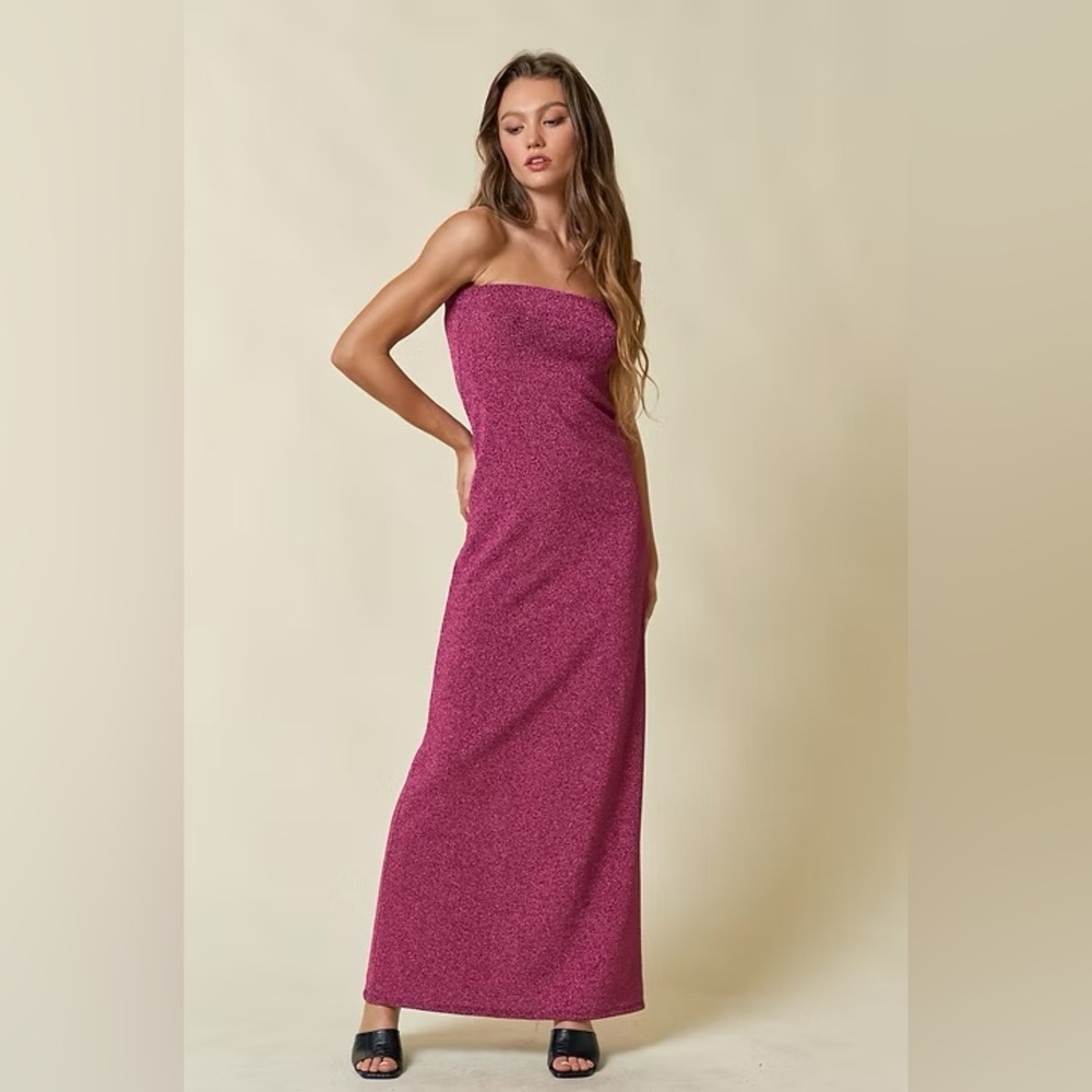 Blue Blush Pink Strapless Sheath Glitter Maxi Bodycon Dress